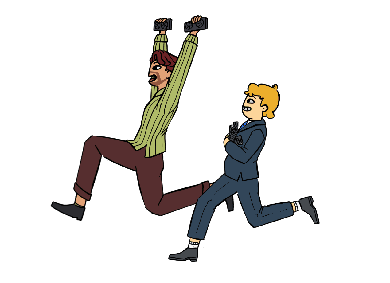 Two people running with GPUs